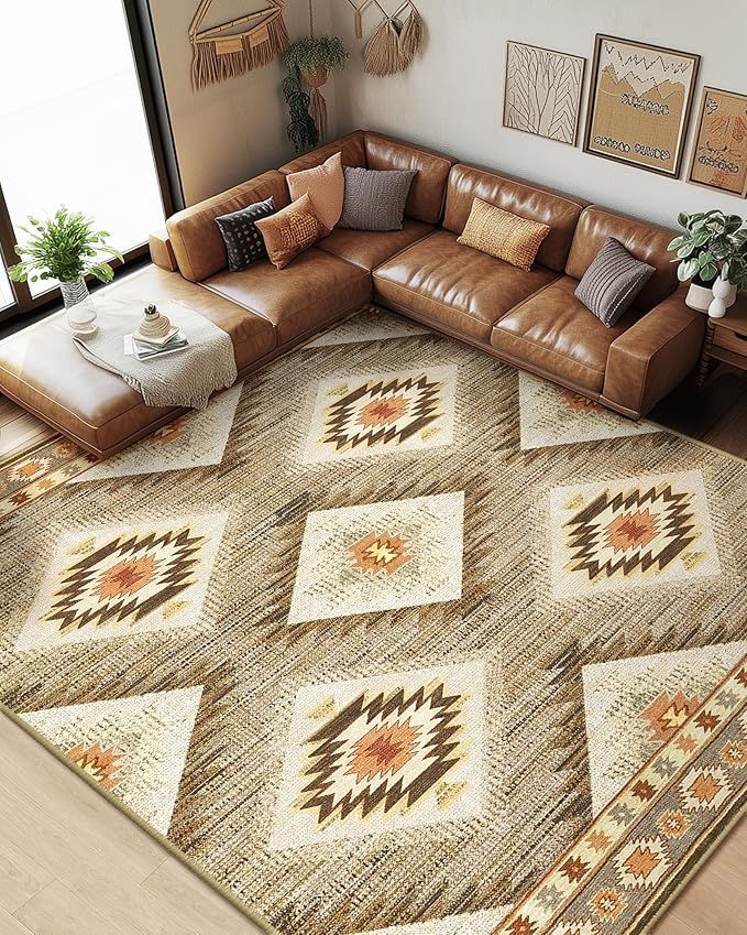 Area Rug 8x10 Rug Machine Washable Non-Slip Low Pile Print Pattern Western Rug for Living Room Bedroom Entryway Tribal Series -Cream/Camel