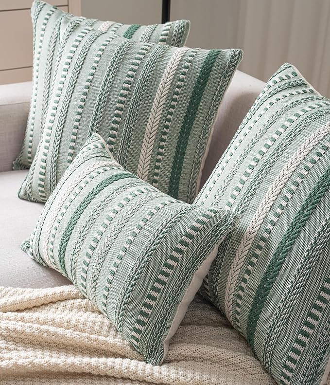 Boho Throw Pillow Covers 22x22 Inch Set of 2, Farmhouse Decorative Couch Pillow Cases, Light Green Accent Pillows of Bed, Sofa Bedroom Living Room Home Decor Cushion Cover