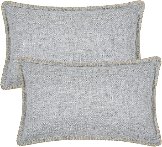 decorUhome Decorative Outdoor Throw Pillow Covers 12x20 Set of 2, Lumbar Linen Rustic Neutral Farmhouse Euro Pillow Covers with Stitched Edge for Couch, Sofa, Living Room, Light Grey