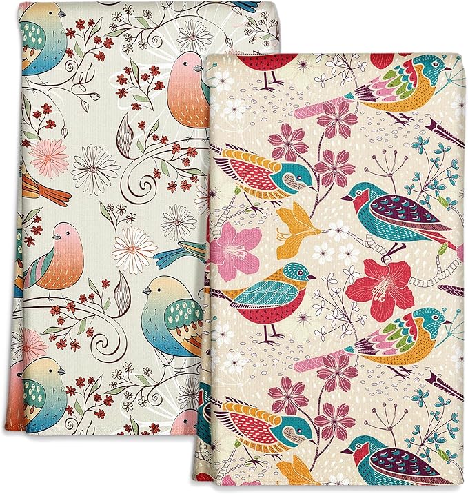 Microfiber Kitchen Towels - Set of 2 Dish Towels for Kitchen 18 x 26 Inch Home Decoration Floral Bird Cute Spring Hand Towels Soft & Absorbent Aesthetic Design