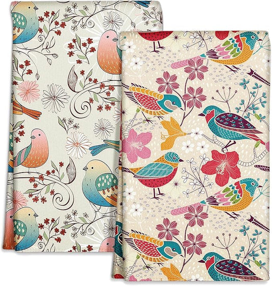 Microfiber Kitchen Towels - Set of 2 Dish Towels for Kitchen 18 x 26 Inch Home Decoration Floral Bird Cute Spring Hand Towels Soft & Absorbent Aesthetic Design