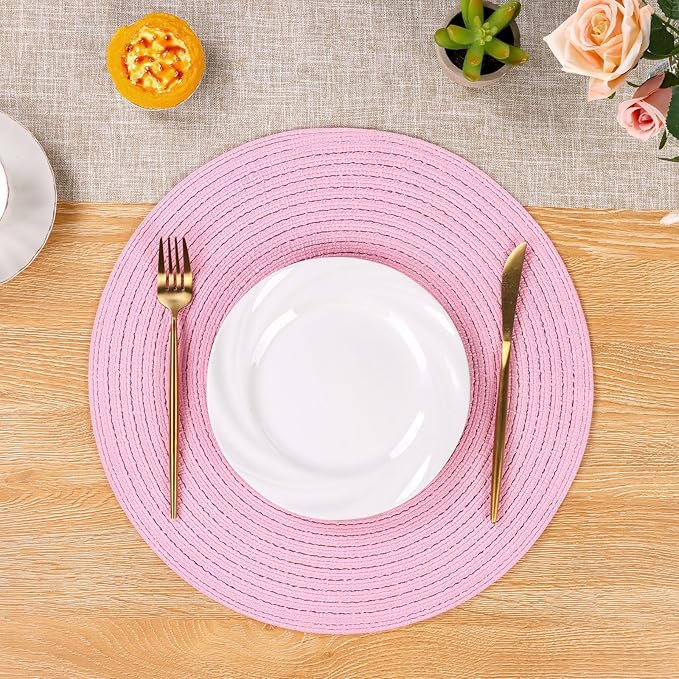 SHACOS Round Braided Placemats Set of 4 Washable 15 inch Round Table Mats for Dining Table Place Mats Home Wedding Party Decor (Pink, 4)