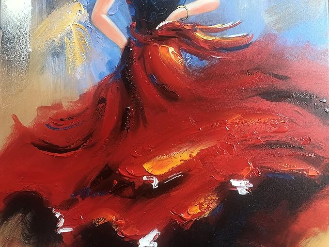 Wieco Art Flying Skirt Abstract Dancing People Oil Paintings on Canvas Wall Art work for Living Room Bedroom Home Decorations Wall Decor Large Modern Stretched and Framed Red Girl Dancer Artwork 24x36