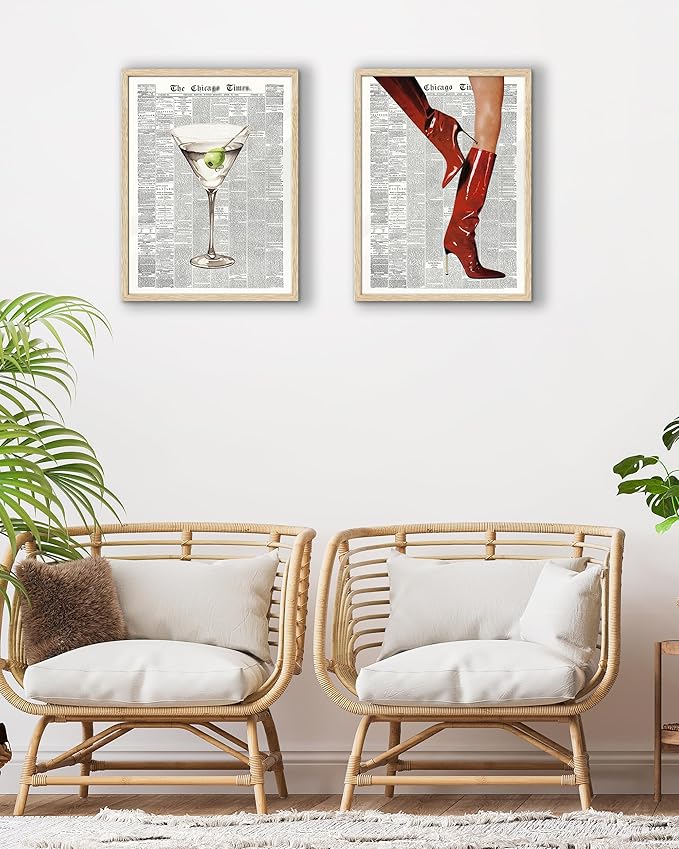 EcoHest Trendy Newspaper Martini Framed Wall Art, 12x16 in OAK Wood Retro Bar Cart Canvas Art, Magazine Aesthetic Apartment Art, Beige Logs Funky 70's Set of 1 for Bedroom Living Room