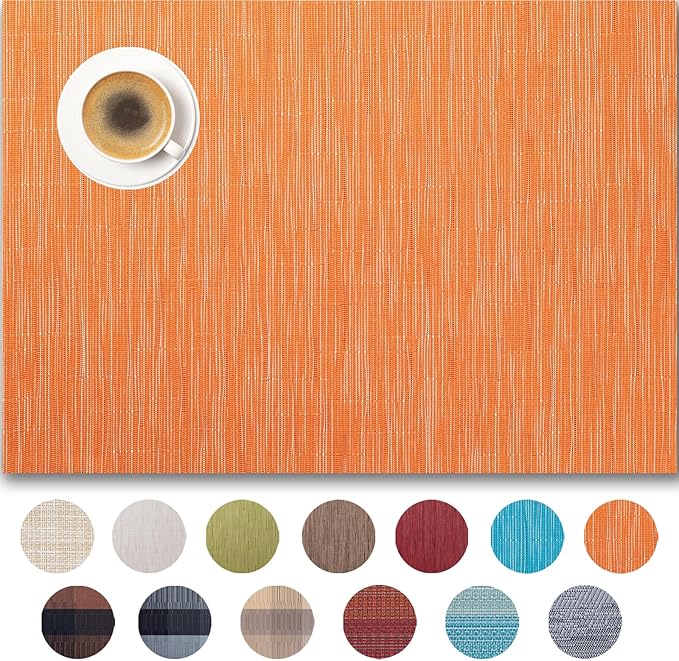Placemats Set of 6 - Easy Clean Woven Vinyl Placemats for Dining Table, Indoor/Outdoor Place Mats, Washable PVC Table Mats （Orange）