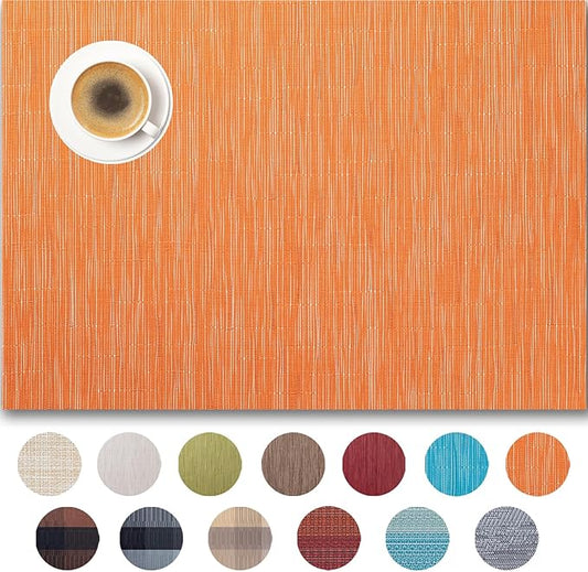 Placemats Set of 6 - Easy Clean Woven Vinyl Placemats for Dining Table, Indoor/Outdoor Place Mats, Washable PVC Table Mats （Orange）