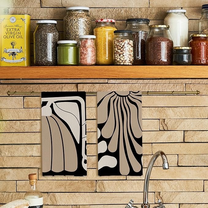 Abstract Boho Neutral Taupe and Beige Floral Kitchen Towels Set of 2, Retro 70s Groovy Floral Hand Towels for Bathroom, Modern Minimalist Botanical Dish Tea Towels for Kitchen Decor, 16x24 Inch