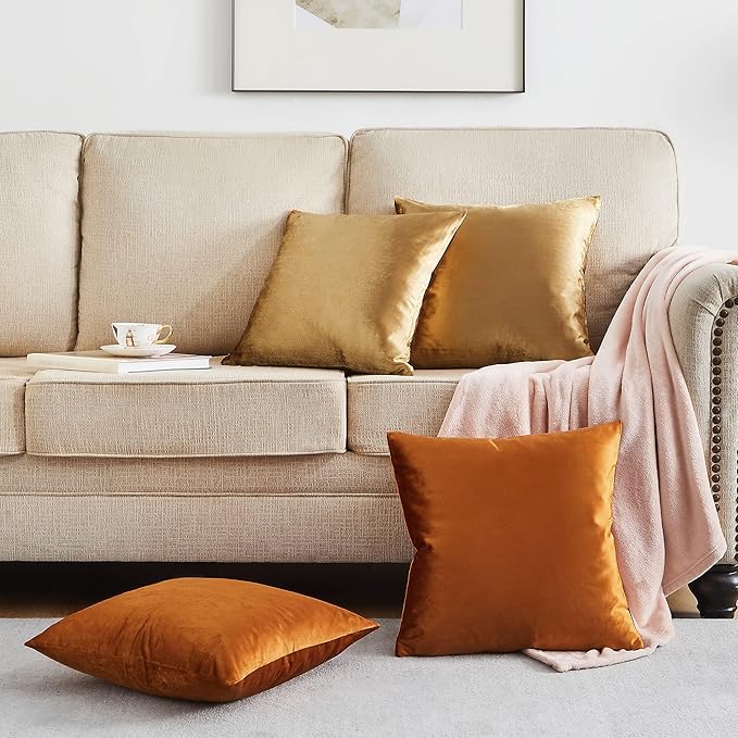 GIGIZAZA Pillow Covers 16x16 Set of 4,Gold Orange Velvet Soft Pillow Covers Decorative Square Modern Pillows Cushion Cases for Living Room