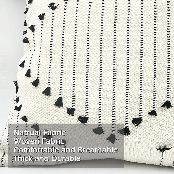 LIGICKY Decorative Boho Tassel Throw Pillow Covers for Couch Sofa Bedroom Living Room Home Decoration Diamond Square Woven Cotton Cushion Cover Modern Black and White Pillow Cases, 18 x 18 Inch