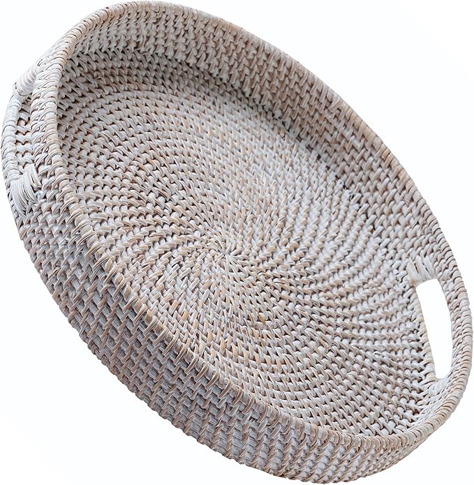 JUNGLE CULTURE Large Rattan Serving Tray 14" in Whitewash • Round Table Basket • Wicker Ottoman Trays with Handles for Coffee Table, Bed Side or Couch • Flat Circle Woven Tray • Boho Farmhouse Decor
