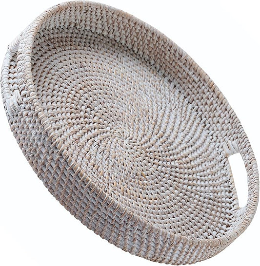 JUNGLE CULTURE Large Rattan Serving Tray 14" in Whitewash • Round Table Basket • Wicker Ottoman Trays with Handles for Coffee Table, Bed Side or Couch • Flat Circle Woven Tray • Boho Farmhouse Decor