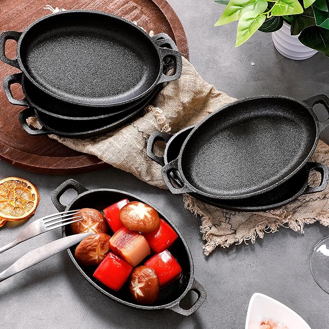 Mifoci 12 Pcs Oval Serving Dish Mini Cast Iron Skillet Cast Iron Baking Pan Sizzling Plate Matte Black Gratin Cookware for Home Restaurant Kitchen Food Service Barbecue (7.1" X 4.7")