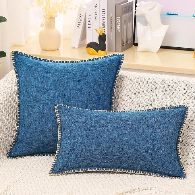 decorUhome Decorative Outdoor Throw Pillow Covers 16x16 Set of 2, Square Linen Rustic Neutral Farmhouse Euro Pillow Covers with Stitched Edge for Couch, Sofa, Living Room, Dark Blue