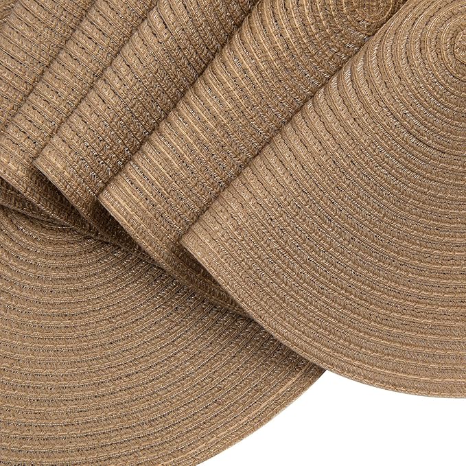 SHACOS Round Braided Placemats Set of 6 Washable Cotton Polyester 15 inch Round Table Place Mat for Dining Table (Brown, 6)