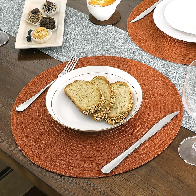 SHACOS Round Placemats Set of 4 for Dining Table 15 inch Round Braided Fall Placemats Washable Kitchen Table Mats Home Decor, Dark Orange