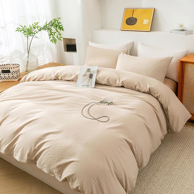 ECOCOTT Duvet Cover King Size, 100% Washed Cotton 1 Duvet Cover with Zipper and 2 Pillowcases, Ultra Soft and Easy Care Breathable Cozy Simple Style Bedding Set(Khaki, King)