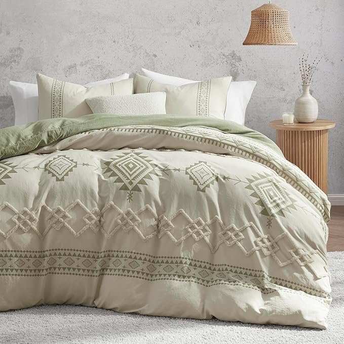 Oli Anderson Boho Duvet Cover Set King Size, Beige and Sage Green Color Clash 3 Pieces Microfiber Bedding Set, Durable and Super Soft Duvet Covers with Zipper and Ties, 104"*90"