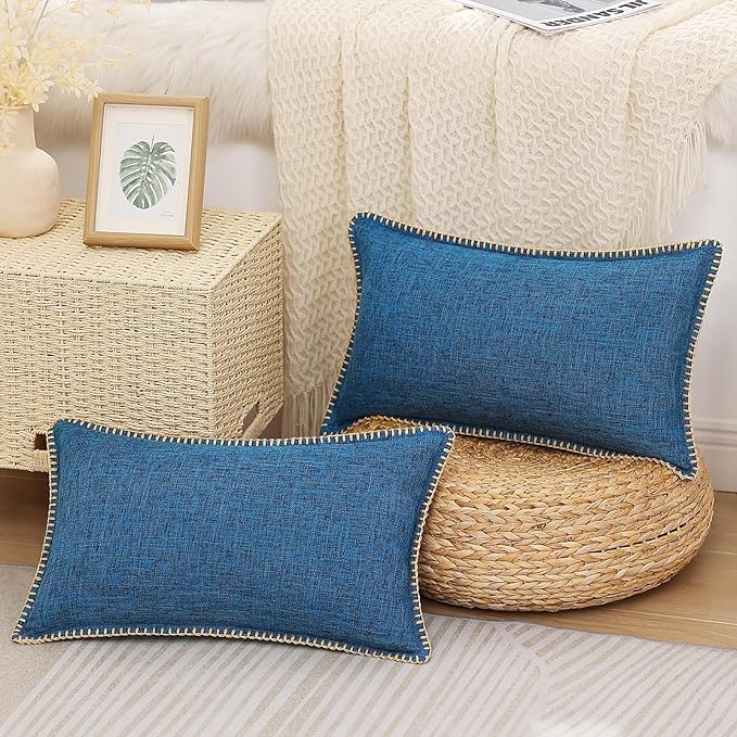 decorUhome Decorative Outdoor Throw Pillow Covers 12x20 Set of 2, Lumbar Linen Rustic Neutral Farmhouse Euro Pillow Covers with Stitched Edge for Couch, Sofa, Living Room, Dark Blue