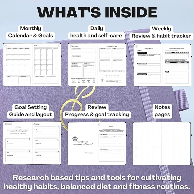 Life & Apples Wellness Journal Planner – Food Log, Fitness Tracker, Habit Tracker, Weight Loss Journal for Diet Tracking and Health Goals, Undated, Size A5 Lavender