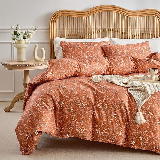 mixinni 3 Pieces Duvet Covers Full Size, 100% Cotton Comforter Cover Wildflower Printed on Pumpkin Floral Bedding Set with Zipper Closure 4 Ties (1 Duvet Cover 80"x90", 2 Pillow Cases 20"x26")