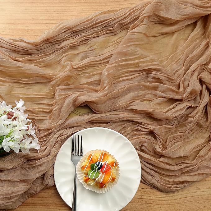 DOLOPL Brown Table Runner 10ft Boho Cheese Cloth Table Runner for Baby Shower Decorations 120inch Long for Winter Wedding Shower Wedding Bridal Birthday Party Table Decorations