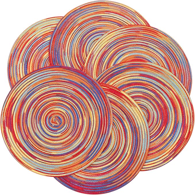 SHACOS Round Braided Placemats Set of 6 Table Mats Colorful Place Mats for Dining Tables Holiday Party Decor (Rainbow Red, 6)
