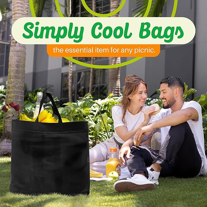 Simply Cool 50 Pack Black Reusable Eco-Friendly Grocery Shopping Bags 12.6"x6.3"x11.8" Durable, Recyclable Shopping Bags Washable, Foldable, Portable Tote Bags Bulk