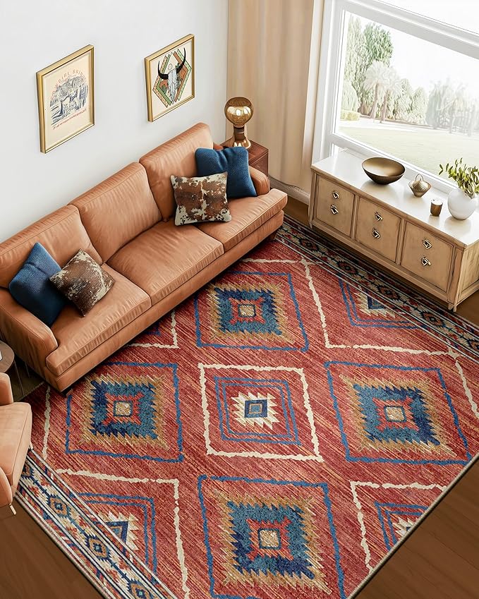 Area Rug 3x5 Rug Machine Washable Non-Slip Low Pile Print Pattern Western Rug for Living Room Bedroom Entryway Tribal Series -Red/Orange