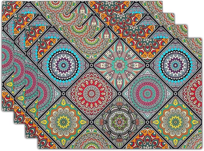 Giwawa Boho Mandala Placemats, Mexican Ethnic Traditional Pattern with Geometric Plaids, Abstract Flower Washable Linen Table Place Mats Set of 4 for Dining Kitchen Party, 12"x18"
