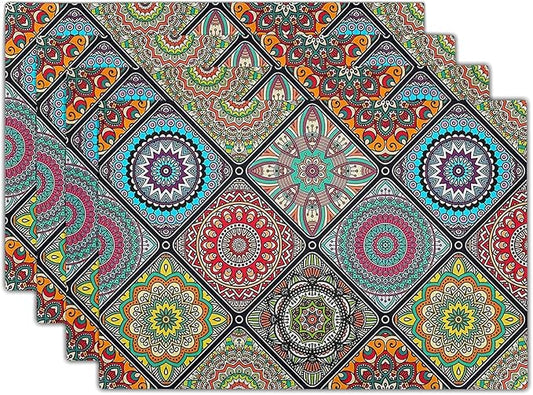 Giwawa Boho Mandala Placemats, Mexican Ethnic Traditional Pattern with Geometric Plaids, Abstract Flower Washable Linen Table Place Mats Set of 4 for Dining Kitchen Party, 12"x18"