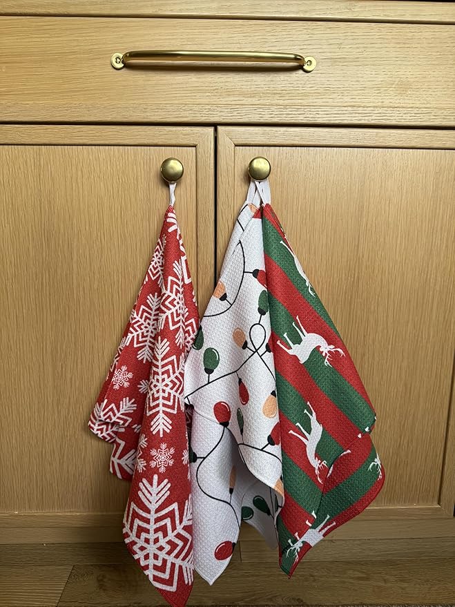 || 3 Pack|| Double Sided Dish Towels || Waffle Weave Microfiber || Highly Absorbent || Hanging Loop || Dish Cloths || Modern || Designer Prints || Lights (Christmas Lights red and Green)