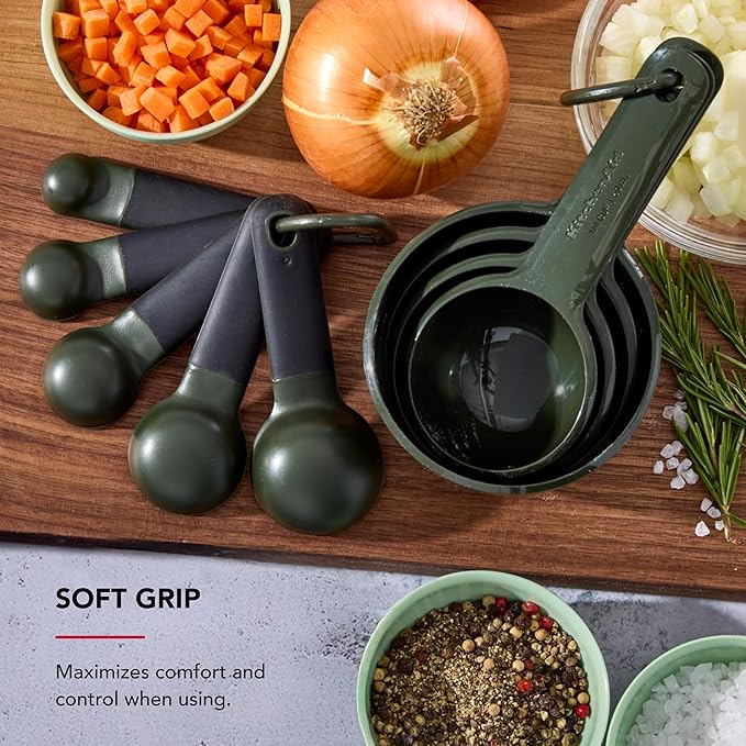 KitchenAid Plastic Measuring Cups and Spoon Set, Set of 9, /4, 1/2, 1/3, and 1 cup sizes, and 1 tbsp, 1/2 tbsp, 1 tsp, 1/2 tsp and 1/4 tsp, Evergreen