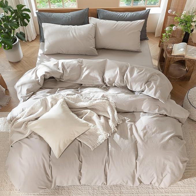 MooMee Bedding Duvet Cover Set 100% Washed Cotton Linen Like Textured Breathable Durable Soft Comfy (Solid Light Tan, Super King Plus 120"x120")