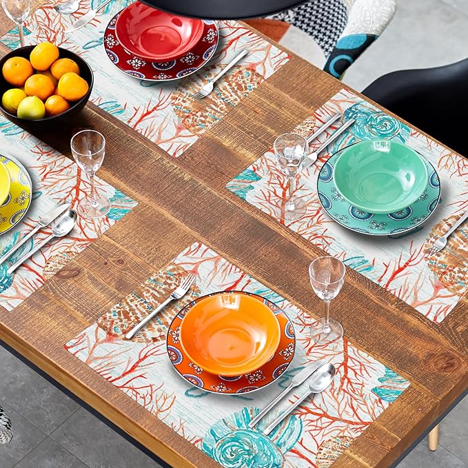 Giwawa Beach Life Placemats Set of 4-12"x18" Vintage Summer Seashell Conch Place Mat- Colorful Coastal Nautical Coral Linen Washable Table Mats for Kitchen Dining Party Tabletop Decoration