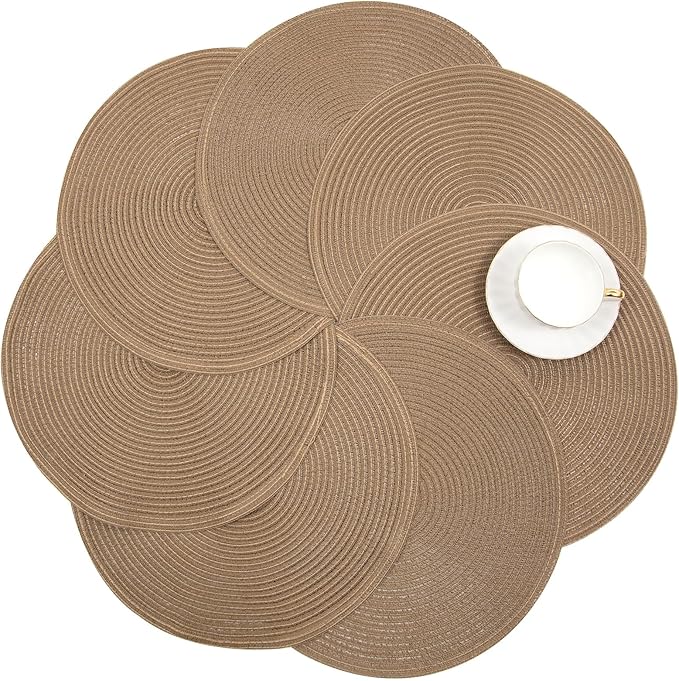 SHACOS Round Placemats Set of 4 Woven Braided Kitchen Table Placemats 15 inch Round Place Mats Washable Table Mats Indoor Outdoor, Brown