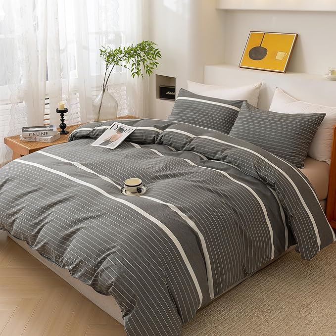 ECOCOTT Grey Striped Duvet Cover Oversized King Size, 100% Washed Cotton 3-Piece Bedding Set - Ultra Soft, Breathable & Easy Care with Zipper Closure and 2 Pillowcases, No Comforter