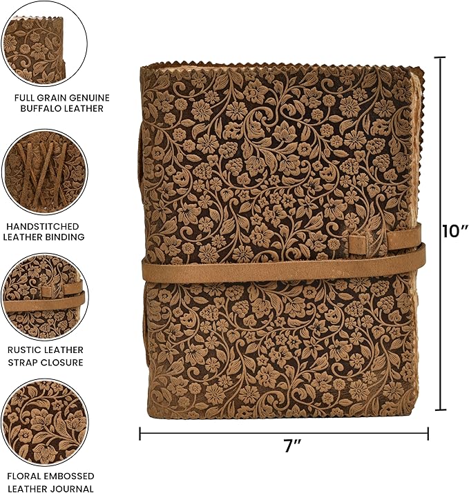 LEATHER VILLAGE Leather Bound Floral Embossed Journal for Women Men - 200 Pages, 10X7 Inches, Cappuccino Brown - Book of Shadows, Vintage Blank Paper Travel Diary, Notebook for Writing, Sketchbook