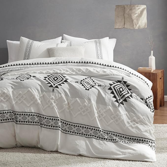 Oli Anderson Boho Duvet Cover Set King Size, Black and White Color Clash 3 PCS Microfiber Bedding Set, Durable and Super Soft Duvet Covers with Zipper and Ties, 104"*90"