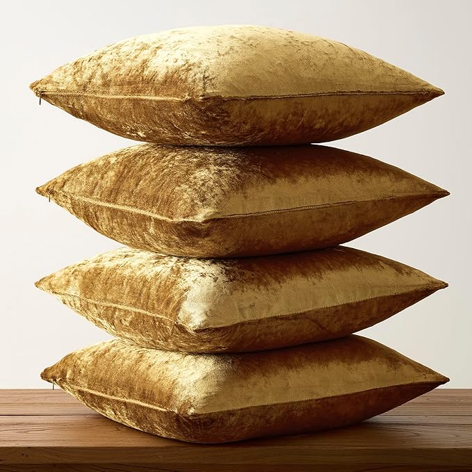 GIGIZAZA Gold Pillow Covers 20x20 Set of 4,Velvet Luxury Couch Throw Pillow Soft Covers Decorative Modern Square Pillows Living Room Vintage Cushion Covers