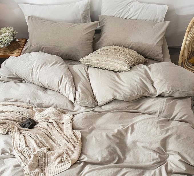 MooMee Bedding Duvet Cover Set 100% Washed Cotton Linen Like Textured Breathable Durable Soft Comfy (Heathered Tannish Linen Grey, Full 80"x90")