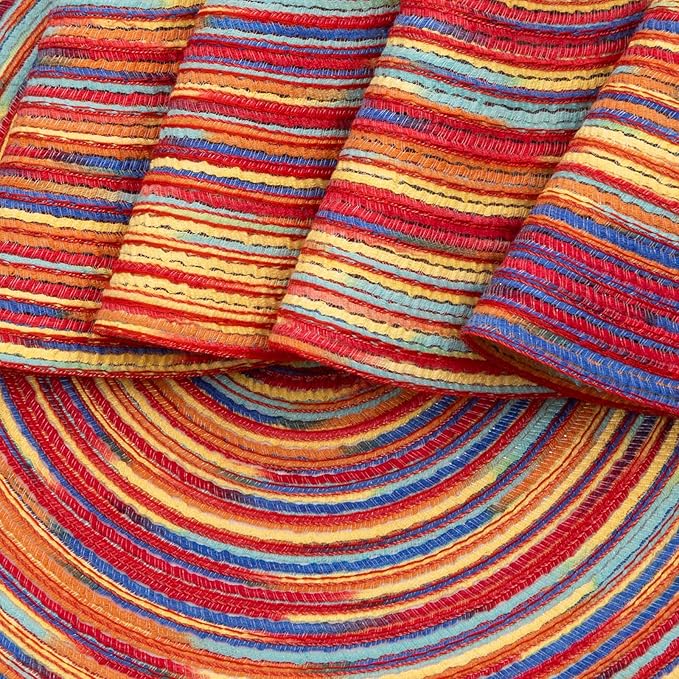SHACOS Round Braided Placemats Set of 8 Washable 15 inch Round Table Mats Colorful Variegated Woven Place Mats for Dining Table (Rainbow Red, 8)