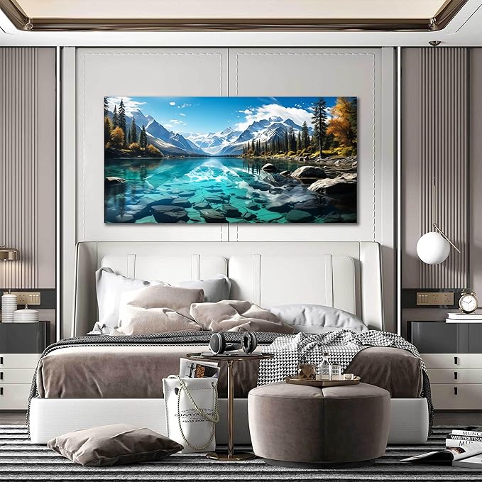 LAOTOART Snowy Mountain Wall Canvas Art for Living Room - Natural Landscape Art Work for Office Walls - Teal Bedroom Wall Decor Above Bed Size 24" x 48"