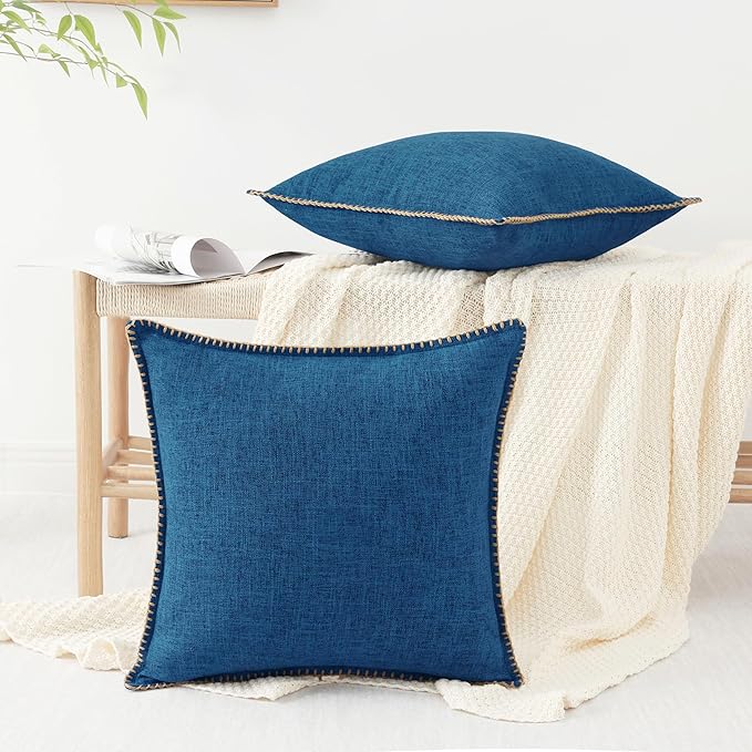 decorUhome Decorative Outdoor Throw Pillow Covers 12x20 Set of 2, Lumbar Linen Rustic Neutral Farmhouse Euro Pillow Covers with Stitched Edge for Couch, Sofa, Living Room, Dark Blue