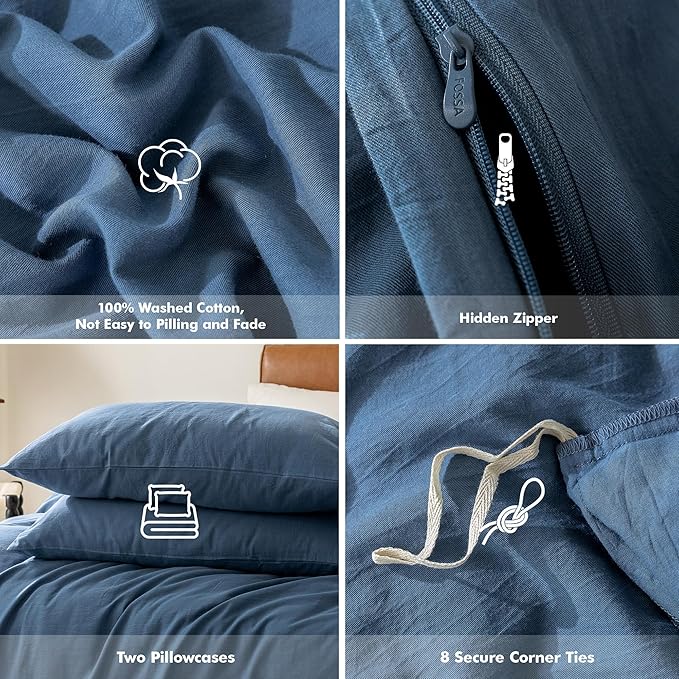 FOSSA Duvet Cover Set 100% Washed Cotton 3 Pieces Bedding Set Twill Soft Cozy Breathable Sturdy Substantial with Textured Weave Solid Federal Blue King