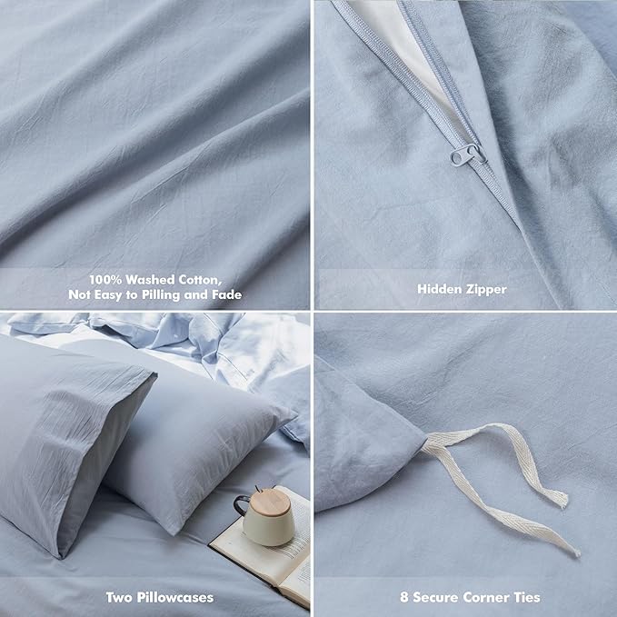 FOSSA Duvet Cover Set 100% Washed Cotton Linen Feel Super Soft Breathable Cozy 3 Pieces Bedding Sets Solid Cornflower Blue Oversized Queen