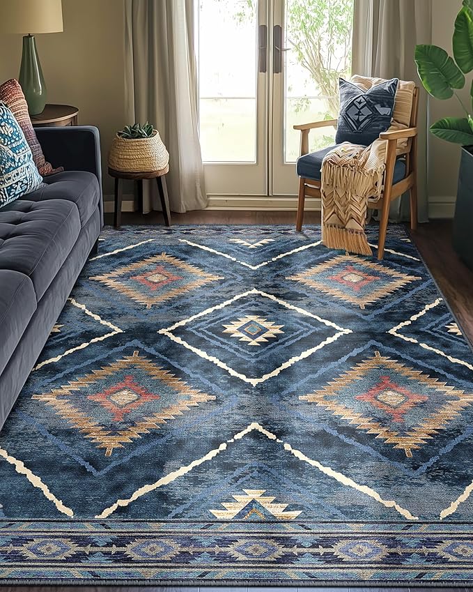 Area Rug 6x9 Rug Machine Washable Non-Slip Low Pile Print Pattern Western Rug for Living Room Bedroom Entryway Tribal Series -Darkblue