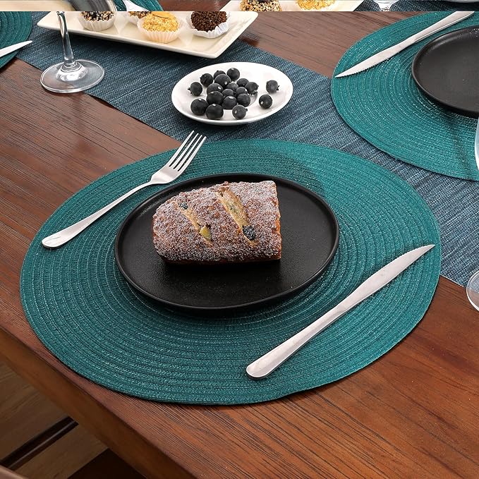 SHACOS Round Placemats Set of 6 Washable 15 inch Round Table Mats Cotton Polyester Woven Braided Place Mats for Dining Table, Teal Green