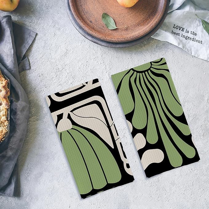 Abstract Boho Green and Beige Floral Kitchen Towels Set of 2, Retro 70s Groovy Floral Hand Towels for Bathroom Decor, Modern Minimalist Botanical Dish Tea Towels for Kitchen Decor, 16x24 Inch
