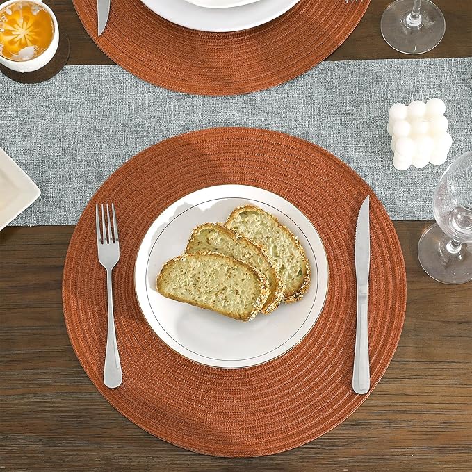 SHACOS Round Placemats Set of 6 Washable 15 inch Round Fall Placemats Cotton Polyester Woven Braided Table Place Mats for Dining Table Decor, Dark Orange