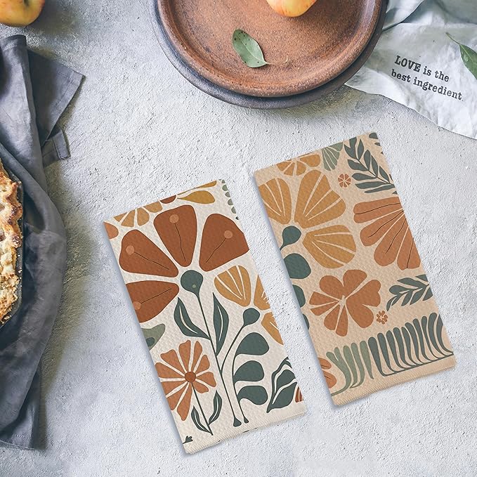 Abstract Boho Floral Kitchen Towels Set of 2, 70s Retro Groovy Dish Towels for Kitchen, Vintage Boho Hand Towels for Bathroom, 16x24 Inches